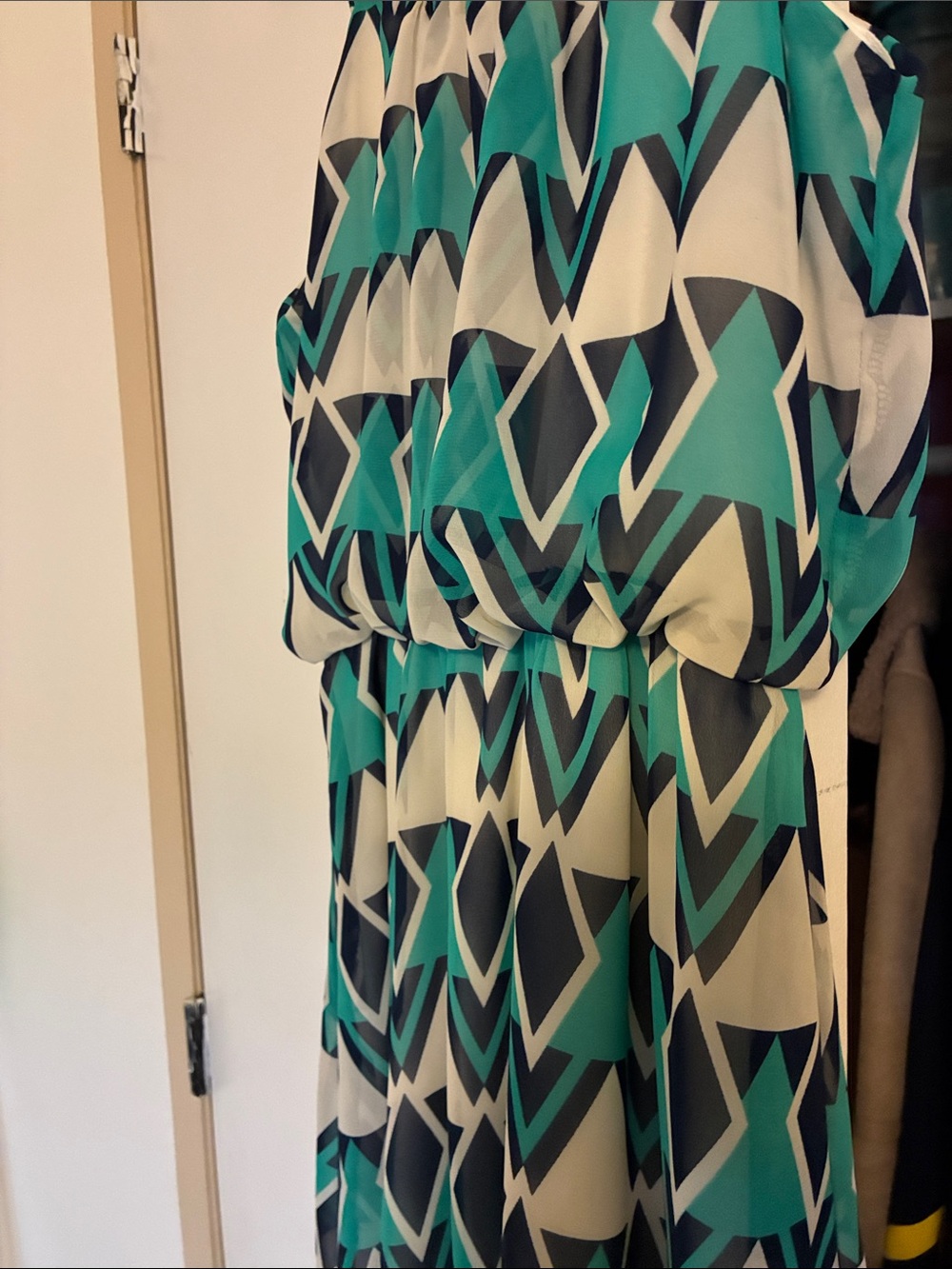 Vintage -Final Touch- Chiffon Mini Dress W/Navy & Aqua Geo Pattern- Made In USA - Picture 11 of 11